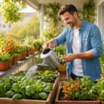Beberapa jenis sayuran daun hijau subur yang ditanam dalam pot plastik di rak balkon apartemen minimalis kota.