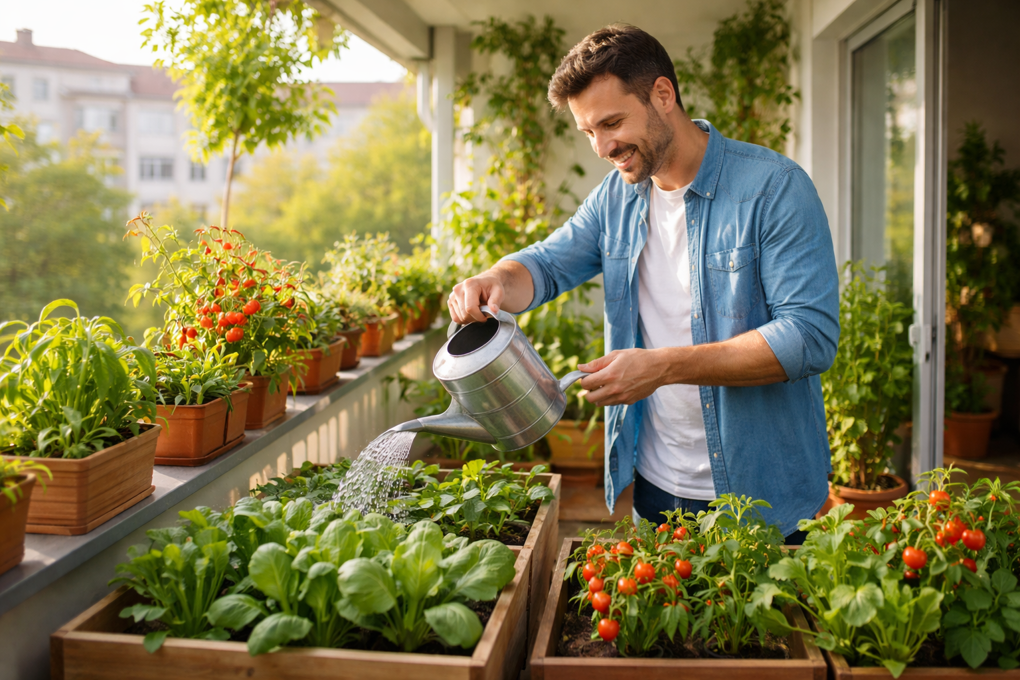 Beberapa jenis sayuran daun hijau subur yang ditanam dalam pot plastik di rak balkon apartemen minimalis kota.